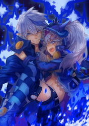 Rule 34 | 1boy, 1girl, :d, blue background, blue hair, blue shorts, blue theme, blue thighhighs, carrying, chiliarch (elsword), ciel (elsword), coat, crown, dreadlord (elsword), earrings, elsword, fang, gloves, gradient background, hair ornament, hairclip, highres, hood, hoodie, horns, jewelry, long hair, luciela r. sourcream, midriff, mini crown, mister rhino (wangzisama1001), multicolored hair, open mouth, partially fingerless gloves, pointy ears, princess carry, shorts, smile, streaked hair, striped clothes, striped thighhighs, symbol-shaped pupils, thighhighs, twintails, two-tone hair, white hair