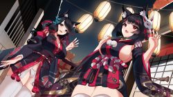 Rule 34 | 2girls, animal ear fluff, animal ears, architecture, azur lane, black hair, black kimono, blue butterfly, blue eyes, breasts, bug, butterfly, butterfly hair ornament, cat ears, cat girl, cleavage, dutch angle, east asian architecture, fox mask, from below, fusou (azur lane), hair ornament, highres, insect, japanese clothes, kimono, large breasts, long hair, mask, mask on head, medium hair, multiple girls, open mouth, panties, red eyes, resolution mismatch, sideboob, source larger, thighhighs, underwear, white legwear, white panties, yamaha tsui, yamashiro (azur lane), zettai ryouiki