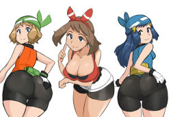 Rule 34 | 3girls, ass, bike shorts, blue eyes, blue hair, breasts, brown hair, cleavage, cosplay, creatures (company), dawn (pokemon), female focus, game freak, huge ass, large breasts, long hair, looking at viewer, looking back, may (pokemon), may (pokemon) (cosplay), medium breasts, multiple girls, nintendo, odamaki sapphire (cosplay), pokemon, pokemon (anime), pokemon adventures, pokemon dppt, pokemon emerald, pokemon oras, pokemon rse, pokemon xy (anime), rider 117, serena (pokemon), short hair, shorts, smile, thigh gap