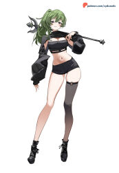 Rule 34 | 1girl, alternate costume, artist name, black footwear, black shorts, black shrug, black tube top, breasts, cleavage, commentary, contrapposto, english commentary, green hair, half-closed eyes, holding, holding polearm, holding weapon, large breasts, legs, long sleeves, navel, over shoulder, parted lips, patreon logo, patreon username, polearm, puffy sleeves, purple eyes, shoes, shorts, side ponytail, simple background, solo, sousou no frieren, staff, standing, strapless, sydus, thighs, tube top, ubel (sousou no frieren), watermark, weapon, weapon over shoulder, web address, white background