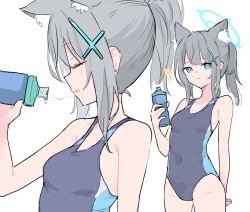 Rule 34 | 1girl, absurdres, animal ear fluff, animal ears, arm at side, bare shoulders, blue archive, blue eyes, bottle, breasts, cat ears, closed mouth, competition swimsuit, covered navel, cross hair ornament, earrings, extra ears, grey hair, hair ornament, highres, holding, holding bottle, jewelry, looking at viewer, lyrinne, medium hair, multiple views, notice lines, one-piece swimsuit, open mouth, ponytail, saliva, saliva trail, shiroko (blue archive), shiroko (swimsuit) (blue archive), sidelocks, small breasts, stud earrings, swimsuit, water bottle