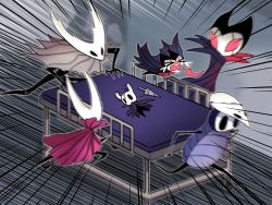 Rule 34 | &gt; &lt;, 1boy, 1girl, 4others, bed, blush, cloak, closed eyes, commentary request, cracked mask, emphasis lines, fire, flying, full body, grey cloak, grimmchild, holding, hollow eyes, hollow knight, hollow knight (character), hornet (hollow knight), horns, hospital bed, knight (hollow knight), korean commentary, looking at another, mask, motion blur, multiple others, on bed, open mouth, pushing, quirrel, red cloak, red eyes, simple background, sword, tatami (damhi123), tears, weapon, wings