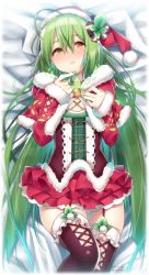 Rule 34 | 10s, 1girl, 2015, ahoge, bed sheet, blush, christmas, dated, flower knight girl, green hair, hat, hattori masaki, long hair, looking at viewer, mint, mint (flower knight girl), purple thighhighs, red hat, red skirt, santa hat, signature, skirt, solo, thigh strap, thighhighs, yellow eyes