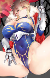 Rule 34 | 1girl, absurdres, ahoge, artoria pendragon (fate), artoria pendragon (lancer) (fate), ass, blue gloves, blue legwear, blue leotard, blush, braid, breasts, cape, cleavage, covered navel, crown, elbow gloves, fate/grand order, fate (series), french braid, fur trim, gauntlets, gloves, green eyes, hair between eyes, heart, heart-shaped pupils, heattech leotard, highleg, highleg leotard, highres, lance, large breasts, leotard, long hair, looking at viewer, marushin (denwa0214), open mouth, polearm, red cape, rhongomyniad (fate), sidelocks, solo, spread legs, swept bangs, symbol-shaped pupils, thighs, turtleneck, underbust, weapon
