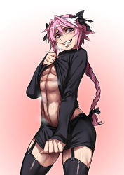 Rule 34 | 1boy, abs, astolfo (fate), black bow, black skirt, black thighhighs, blush stickers, bow, braid, clothes lift, crossdressing, fang, fate/apocrypha, fate/grand order, fate (series), garter straps, grin, hair between eyes, hair bow, hair intakes, heavy breathing, highres, lifting own clothes, long braid, long hair, looking at viewer, male focus, miniskirt, multicolored hair, navel, pectorals, pink hair, purple eyes, ryuusei (mark ii), single braid, skirt, skirt tug, smile, solo, streaked hair, sweater, sweater lift, thighhighs, trap, white hair, zettai ryouiki