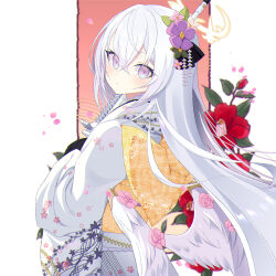 Rule 34 | 1girl, alternate costume, angel wings, assault rifle, azusa (blue archive), blue archive, commentary request, eko, eyes visible through hair, feathered wings, from behind, gun, hair between eyes, hair ornament, halo, head tilt, highres, japanese clothes, kimono, long hair, long sleeves, looking at viewer, looking back, obi, purple eyes, rifle, sash, shirt, sidelocks, solo, weapon, white shirt, white wings, wide sleeves, wings