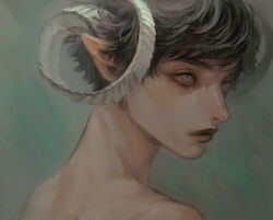 Rule 34 | androgynous, black hair, closed mouth, curled horns, evina ic, eyelashes, from behind, green background, grey eyes, horns, lipstick, looking to the side, makeup, original, pointy ears, portrait, sheep horns, short hair, simple background, solo