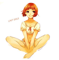 Rule 34 | 1girl, crop top, hosoime, last exile, lavie head, lowres, midriff, navel, red hair, short hair, shorts, smile, solo