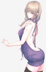 Rule 34 | 1girl, akiyama cz4a, backless dress, backless outfit, bare back, bare shoulders, black thighhighs, blonde hair, blush, breasts, cowboy shot, dress, halterneck, highres, large breasts, looking at viewer, meme attire, mole, mole under eye, naked sweater, purple eyes, purple sweater, simple background, solo, sweater, sweater dress, thighhighs, touhou, virgin killer sweater, white background, yakumo yukari