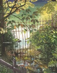 Rule 34 | branch, bush, fence, fern, no humans, original, painting (medium), plant, pond, reflection, reflective water, scenery, traditional media, tree, watanabe masato, water, watercolor (medium), wooden fence