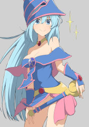 Rule 34 | &gt;:), 1girl, aqua (konosuba), bare shoulders, blue eyes, blue hair, bottomless, breasts, choker, cleavage, collarbone, commentary request, covering crotch, covering privates, dark magician girl, doyagao, duel monster, grey background, hair between eyes, hat, kono subarashii sekai ni shukufuku wo!, large breasts, long hair, looking at viewer, medium breasts, salpin, simple background, smile, smug, solo, sparkle, staff, v-shaped eyebrows, very long hair