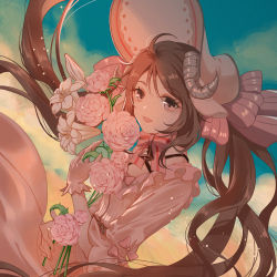 Rule 34 | 1girl, :d, ahoge, ambience synesthesia, arknights, blue sky, bonnet, bow, brown hair, cloud, commentary request, copper (copper038), day, dress, eyjafjalla (arknights), flower, gloves, grey eyes, hair between eyes, long hair, looking at viewer, official alternate costume, open mouth, outdoors, pink bow, pink flower, pink rose, puffy short sleeves, puffy sleeves, rose, short sleeves, sky, smile, solo, striped, striped bow, twintails, very long hair, white dress, white flower, white gloves, white headwear