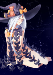 Rule 34 | 1girl, abigail williams (fate), abigail williams (third ascension) (fate), arm support, bare legs, barefoot, black bow, black hat, black panties, blush, bow, breasts, bug, butterfly, closed mouth, commentary request, constellation, esc0el2, fate/grand order, fate (series), hat, head tilt, insect, keyhole, long hair, looking away, orange bow, panties, panty pull, polka dot, polka dot bow, red eyes, revealing clothes, silver hair, sitting, small breasts, smile, solo, stuffed animal, stuffed toy, teddy bear, topless, underwear, underwear only, very long hair, witch hat, yokozuwari