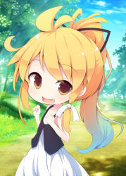 Rule 34 | 1girl, alternate costume, alternate hairstyle, aqua hair, bad id, bad pixiv id, bare arms, beni shake, blue sky, braid, brown eyes, child, cloud, day, dress, fang, forest, gradient hair, hair bobbles, hair ornament, kirisame marisa, long hair, multicolored hair, nature, open mouth, ponytail, side braid, single braid, sky, sleeveless, sleeveless dress, smile, solo, sundress, touhou, vest, white dress, aged down