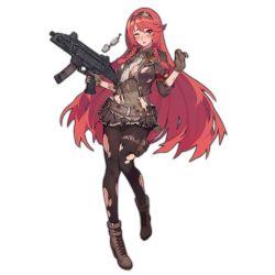 Rule 34 | 1girl, ankle boots, black pantyhose, blush, boots, breasts, brown footwear, brown gloves, cleavage, cross-laced footwear, cz scorpion evo 3, evo 3 (girls&#039; frontline), unworn eyewear, full body, girls&#039; frontline, glasses, gloves, gun, hairband, hands up, holding, holding gun, holding weapon, kugi ta hori taira, lace-up boots, long hair, looking at viewer, medium breasts, miniskirt, official art, one eye closed, pantyhose, parted lips, pleated skirt, semi-rimless eyewear, shadow, skirt, solo, submachine gun, torn clothes, torn pantyhose, transparent background, trigger discipline, under-rim eyewear, watermark, weapon