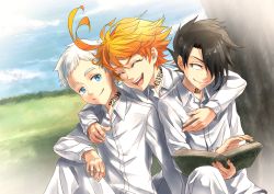 Rule 34 | 1girl, 2boys, ahoge, arm around shoulder, black hair, blouse, blue eyes, blue sky, book, closed mouth, collared shirt, commentary request, dress shirt, emma (yakusoku no neverland), closed eyes, grass, hair over one eye, highres, laughing, long sleeves, looking at another, multiple boys, neck tattoo, norman (yakusoku no neverland), number tattoo, open book, open mouth, orange hair, outdoors, pants, r777668, ray (yakusoku no neverland), reading, shirt, short hair, sitting, skirt, sky, smile, tattoo, tree, white hair, white pants, white shirt, white skirt, yakusoku no neverland