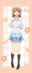 Rule 34 | 1girl, :d, absurdres, apron, black socks, blue apron, blue skirt, brown footwear, brown hair, copyright name, dress shirt, full body, highres, holding, holding spoon, isshiki iroha, kneehighs, loafers, looking at viewer, medium hair, miniskirt, open mouth, pleated skirt, shirt, shoes, skirt, sleeves rolled up, smile, socks, solo, spoon, white shirt, yahari ore no seishun lovecome wa machigatteiru., yellow eyes