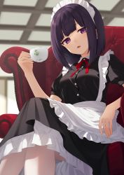 Rule 34 | 1girl, apron, armchair, black dress, blurry, blurry background, bow, breasts, chair, collared dress, commentary request, crossed legs, cup, depth of field, dress, feet out of frame, frilled apron, frilled dress, frills, glaring, highres, holding, holding cup, indoors, kanpa (campagne 9), looking at viewer, maid, maid headdress, medium breasts, on chair, original, parted lips, purple eyes, purple hair, red bow, solo, white apron
