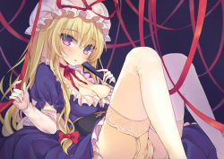 Rule 34 | 1girl, bad id, bad pixiv id, blonde hair, blush, breasts, choker, cleavage, corset, dress, elbow gloves, folding fan, gap (touhou), garter straps, gloves, hand fan, hat, hat ribbon, large breasts, legs up, long hair, looking at viewer, mirei, mob cap, panties, pantyshot, puffy short sleeves, puffy sleeves, purple dress, purple eyes, ribbon, ribbon choker, short sleeves, sitting, solo, touhou, underbust, underwear, white gloves, white legwear, white panties, yakumo yukari