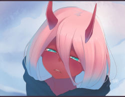 Rule 34 | 10s, 1girl, blush, colored skin, commentary, darling in the franxx, hair between eyes, half-closed eyes, head tilt, hiiragi hekitsuki, horns, letterboxed, long hair, looking at viewer, oni, oni horns, parted lips, pink hair, red skin, sharp teeth, signature, solo, spoilers, tears, teeth, upper body, zero two (darling in the franxx)