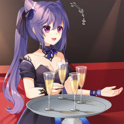Rule 34 | +++, 1girl, :d, alcohol, bad id, bad pixiv id, black choker, black dress, black sleeves, breasts, champagne, champagne flute, choker, cleavage, collarbone, commentary request, cone hair bun, couch, cup, detached sleeves, dress, drinking glass, genshin impact, hair between eyes, hair bun, highres, holding, holding cup, keqing (genshin impact), keqing (opulent splendor) (genshin impact), long hair, looking away, medium breasts, mvv, on couch, open mouth, pillow, purple eyes, purple hair, short sleeves, sitting, smile, solo, strapless, strapless dress, twintails, very long hair, when you see it