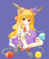 Rule 34 | 1girl, ankle socks, bad id, bad pixiv id, blue background, bow, chain, cube, cuffs, ellipsis (mitei), footwear ribbon, gourd, hair bow, hand rest, highres, horn ornament, horn ribbon, horns, ibuki suika, knee up, long hair, looking at viewer, orange hair, orb, pyramid (geometry), red eyes, ribbon, shackles, shirt, simple background, sitting, skirt, sleeveless, sleeveless shirt, smile, socks, solo, touhou, very long hair, wrist cuffs