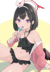 Rule 34 | 1girl, bikini, bikini under clothes, black bikini, black choker, black hair, black wings, blue archive, blush, choker, collarbone, commentary, feathered wings, food, frilled bikini, frills, gucchiann, hair ribbon, hairband, halo, halterneck, highres, holding, holding food, jacket, long sleeves, looking at viewer, mashiro (blue archive), mashiro (swimsuit) (blue archive), navel, off shoulder, open clothes, open jacket, pink jacket, popsicle, puffy long sleeves, puffy sleeves, purple eyes, ribbon, sitting, sleeves past wrists, solo, swimsuit, tongue, tongue out, two-tone background, white background, white hairband, white ribbon, wings, yellow background