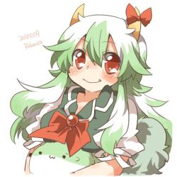 Rule 34 | 10s, 1girl, 2013, :3, artist name, bad id, bad twitter id, blush, dated, dress, ex-keine, fang, green dress, green hair, horn ornament, horn ribbon, horns, kamishirasawa keine, long hair, looking at viewer, lowres, multicolored hair, rebecca (keinelove), red eyes, ribbon, short sleeves, simple background, smile, solid circle eyes, sukusuku hakutaku, tail, touhou, two-tone hair, upper body, white background