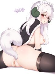 Rule 34 | 1girl, :o, absurdres, ahoge, ass, bandaid, bandaid on pussy, bandaids on nipples, black cape, black gloves, black thighhighs, blush, breasts, cape, commission, frills, gloves, goat horns, highres, horns, large breasts, long hair, looking at viewer, maid headdress, open mouth, original, pasties, red eyes, sideboob, simple background, solo, split, sublux147, tail, thighhighs, white background, white hair, zettai ryouiki