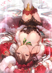 Rule 34 | 1girl, black dress, blush, breasts, brown hair, cleavage, coat, dress, flower, fur-trimmed coat, fur trim, gloves, granblue fantasy, hair between eyes, hair flower, hair ornament, highres, kakage, large breasts, legs up, long hair, long sleeves, looking at viewer, petals, red coat, red gloves, ribbon, rose, rosetta (granblue fantasy), rosetta (holiday) (granblue fantasy), short dress, smile, solo, striped ribbon, thighhighs, thighs, upside-down, white thighhighs