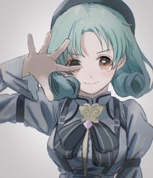 Rule 34 | 1girl, blush, brown eyes, green hair, hand up, idolmaster, idolmaster million live!, looking at viewer, overalls, portrait, pppp9199, proud of stage (idolmaster), smile, solo, tokugawa matsuri, white background