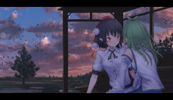 Rule 34 | 2girls, antenna hair, bare shoulders, belt, bird, black belt, black hair, black ribbon, blue skirt, blue sky, blush, breasts, cloud, commentary request, detached sleeves, flock, green hair, hair tubes, hat, highres, kochiya sanae, letterboxed, long hair, long sleeves, looking at another, multiple girls, neck ribbon, outdoors, parted lips, pointy ears, pom pom (clothes), puffy short sleeves, puffy sleeves, red eyes, ribbon, roke (taikodon), sarashi, shameimaru aya, shirt, short hair, short sleeves, sidelocks, sitting, skirt, sky, small breasts, sunset, tassel, tokin hat, touhou, tree, upper body, white shirt, wide sleeves