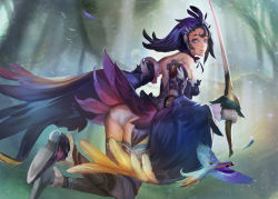Rule 34 | 1girl, ass, bare shoulders, bird, blue eyes, feathers, forest, gloves, narongchai singhapand, nature, original, panties, purple hair, short hair, sword, thighhighs, underwear, weapon