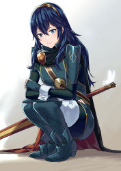Rule 34 | 1girl, ameno (a meno0), blue eyes, blue hair, boots, bug, butterfly, falchion (fire emblem), fingerless gloves, fire emblem, fire emblem awakening, gloves, highres, bug, long hair, long sleeves, looking at viewer, lucina (fire emblem), nintendo, simple background, smile, solo, squatting, sword, symbol-shaped pupils, tiara, weapon