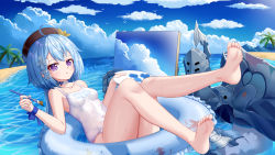 Rule 34 | 1girl, absurdres, artist name, artist request, beach, female focus, full body, griseo, highres, honkai (series), honkai impact 3rd, knight, looking at viewer, one-piece swimsuit, paintbrush, palette (object), solo, swimsuit