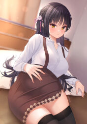 Rule 34 | 1girl, arm support, artist name, ass, black hair, black thighhighs, blush, braid, breasts, brown skirt, cafe stella to shinigami no chou, collar, collarbone, commentary, commission, eyelashes, fingernails, flower, hair flower, hair ornament, hair ribbon, hand on own ass, high-waist skirt, highres, indoors, large breasts, lips, long hair, long sleeves, looking at viewer, lying, meyrink, on bed, on side, panties, parted lips, purple ribbon, ribbon, rose, shiki natsume, shirt, side braid, sidelocks, skindentation, skirt, solo, sunlight, suspender skirt, suspenders, thighhighs, thighs, twitter username, underwear, white collar, white flower, white rose, white shirt, yellow eyes, yuzu-soft, zettai ryouiki
