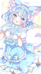 Rule 34 | 1girl, animal ear fluff, animal ears, antenna hair, blue eyes, blue hair, blush, bow, bowtie, breasts, collar, colored eyelashes, commentary request, commission, daidai ookami, dot nose, dress, dress ribbon, frilled collar, frilled dress, frilled headwear, frilled sleeves, frills, gloves, hair ornament, hair ribbon, hairclip, highres, jumping, looking at viewer, medium breasts, multicolored clothes, multicolored dress, multicolored hair, open mouth, original, outside border, puffy short sleeves, puffy sleeves, ribbon, short eyebrows, short hair, short sleeves, skeb commission, solo, streaked hair, two-tone dress, white gloves