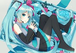 Rule 34 | 1girl, aona (noraneko), black footwear, black skirt, black sleeves, blue eyes, blue flower, blue hair, blue necktie, blue rose, boots, closed mouth, collared shirt, detached sleeves, floating hair, flower, from side, full body, grey shirt, hatsune miku, long hair, long sleeves, microphone, miniskirt, necktie, pleated skirt, red flower, red rose, rose, shirt, skirt, sleeveless, sleeveless shirt, smile, solo, thigh boots, thighhighs, twintails, very long hair, vocaloid, white flower, white rose, wing collar, zettai ryouiki