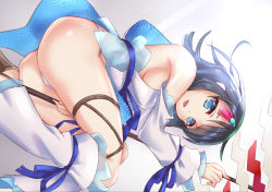 Rule 34 | 1girl, ass, bare shoulders, bell (angelicalary), black hair, blue eyes, blue ribbon, blush, breasts, detached leggings, dress, fate/grand order, fate/requiem, fate (series), fundoshi, gradient background, highres, japanese clothes, jewelry, large breasts, light rays, long sleeves, looking at viewer, magatama, magatama hair ornament, medium hair, multicolored hair, necklace, open mouth, pelvic curtain, pink hair, polearm, puffy long sleeves, puffy sleeves, ribbon, seigaiha, short dress, sideboob, sideless outfit, spear, streaked hair, thighs, utsumi erice, weapon, white dress, white legwear