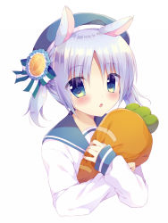 Rule 34 | 1girl, :o, animal ears, beret, blue eyes, blush, carrot-shaped pillow, cropped torso, hat, long sleeves, looking at viewer, hugging object, okazaki milte, open mouth, original, pillow, rabbit ears, school uniform, serafuku, sidelocks, silver hair, simple background, sleeves past wrists, solo, tareme, twintails, upper body, white background