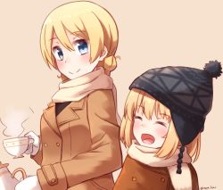 Rule 34 | 10s, 2girls, bad id, bad pixiv id, beanie, black shirt, blonde hair, blouse, blue eyes, blush, braid, braided bun, buttons, closed eyes, coat, commentary request, cup, darjeeling (girls und panzer), eyebrows, girls und panzer, hair bun, hat, highres, kapatarou, katyusha (girls und panzer), mittens, multiple girls, open mouth, scarf, shirt, short hair, smile, steam, teacup, teapot, twitter username, upper body, winter clothes, winter coat