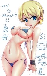 Rule 34 | 10s, 1girl, 2016, aircraft, airplane, arms behind back, bad id, bad pixiv id, bdsm, bikini, blonde hair, blue bikini, blue eyes, bondage, bound, bound thumbs, bound wrists, braid, breasts, chain, cowboy shot, cup, darjeeling (girls und panzer), dated, english text, female focus, franz (217franz), girls und panzer, highres, large breasts, looking at viewer, micro bikini, military, military vehicle, motor vehicle, navel, open mouth, short hair, side-tie bikini bottom, skindentation, smile, snail, solo, standing, string, sweatdrop, swimsuit, tank, teacup, twitter username, vehicle