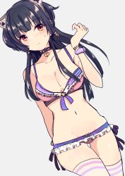 Rule 34 | 1girl, animal ear headphones, animal ears, arm up, bikini, black hair, blunt bangs, blush, bow, bow bikini, breasts, cat ear headphones, choker, cleavage, collarbone, earrings, fake animal ears, frills, grey background, headphones, idolmaster, idolmaster shiny colors, jewelry, lock, long hair, looking to the side, mayuzumi fuyuko, medium breasts, navel, obybuss, purple bikini, red eyes, simple background, solo, striped clothes, striped thighhighs, swimsuit, thighhighs, white thighhighs