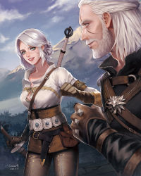 Rule 34 | 1boy, 1girl, amulet, beard, belt, belt pouch, between breasts, bra, breasts, brown gloves, ciri, clenched hand, commentary, corset, english commentary, eyelashes, facial hair, geralt of rivia, gloves, green eyes, hair bun, hair pulled back, hand on hilt, highres, leather, leather pants, lips, makeup, manly, mascara, medium breasts, momori, mountain, multiple belts, nose, outdoors, pants, pouch, scabbard, scar, scar across eye, scar on face, sheath, sheathed, short hair, single hair bun, smile, strap between breasts, studded gloves, sword, sword behind back, the witcher (series), the witcher 3, tight clothes, tight pants, underwear, updo, weapon, white hair, yellow eyes