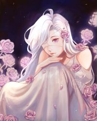 Rule 34 | 1girl, bare shoulders, clivenzu, closed mouth, commentary, dress, english commentary, eyepatch, fingernails, flower, highres, long hair, looking at viewer, medical eyepatch, nail polish, original, purple eyes, purple flower, purple rose, rose, sitting, smile, solo, white dress, white hair, white nails