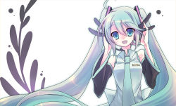 Rule 34 | 1girl, ahoge, aqua eyes, aqua hair, bad id, bad pixiv id, detached sleeves, female focus, hatsune miku, headset, long hair, necktie, open mouth, solo, tahya, twintails, vocaloid, white background