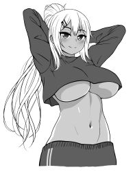 Rule 34 | 1girl, absurdres, arms behind head, blush, breasts, crop top, dark-skinned female, dark skin, greyscale, hair ornament, hairclip, highres, large breasts, long hair, looking at viewer, messy hair, monochrome, navel, no bra, original, ponytail, simple background, sketch, smile, solo, standing, the only shoe, underboob, white background