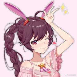 Rule 34 | 1girl, animal ears, bai lingyuan, braid, braided ponytail, brown hair, carrot, douluo dalu, dress, hair ornament, one eye closed, pink background, pink dress, rabbit ears, smile, v, xiao wu (douluo dalu)