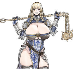 Rule 34 | 1girl, armor, armored gloves, blonde hair, braid, breasts, cleavage, gloves, grin, highres, houtengeki, huge breasts, long hair, looking at viewer, original, pelvic curtain, simple background, smile, solo, teeth, thighhighs, thighs, twin braids, weapon, white background, yellow eyes