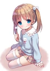 Rule 34 | 1girl, blue eyes, blue shirt, blush, brown hair, brown skirt, chitosezaka suzu, closed mouth, collared shirt, commentary request, frilled shirt collar, frills, full body, hair ornament, holding, long sleeves, looking at viewer, original, plaid, plaid skirt, pom pom (clothes), puffy long sleeves, puffy sleeves, shirt, sitting, skirt, sleeves past wrists, smile, solo, thighhighs, twintails, white background, white thighhighs, yokozuwari